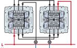 Przełącznik dwuprzyciskowy przelotowy - schemat urządzenia i połączeń