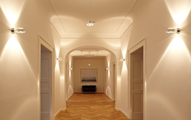 corridor with several lamps
